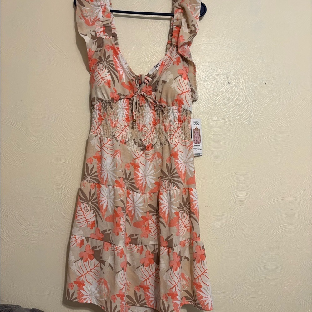 Orange Tan Ruffled Sundress with Flutter Sleeves